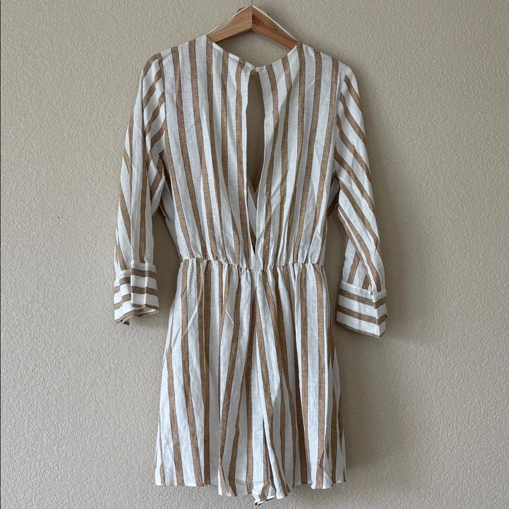 Zara Striped V-Neck Tie-Waist Linen Romper in White and Tan